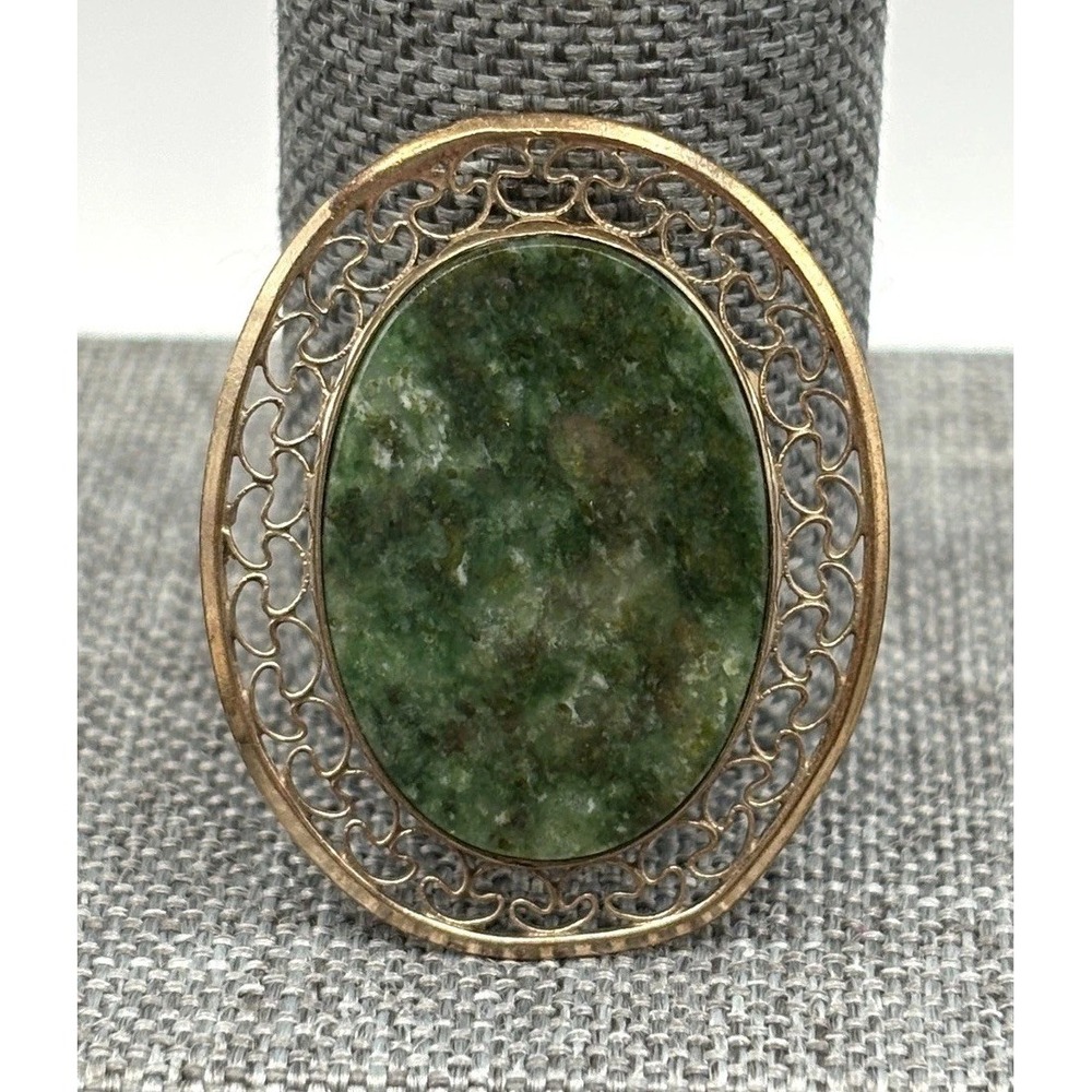 Vintage Winard 14K Gold Filled Jade Cabochon Oval Brooch Filigree